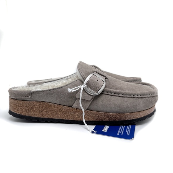 Birkenstock Buckley Shearling Suede Clogs Stone Grey Size 10 Narrow Fit - Picture 1 of 13